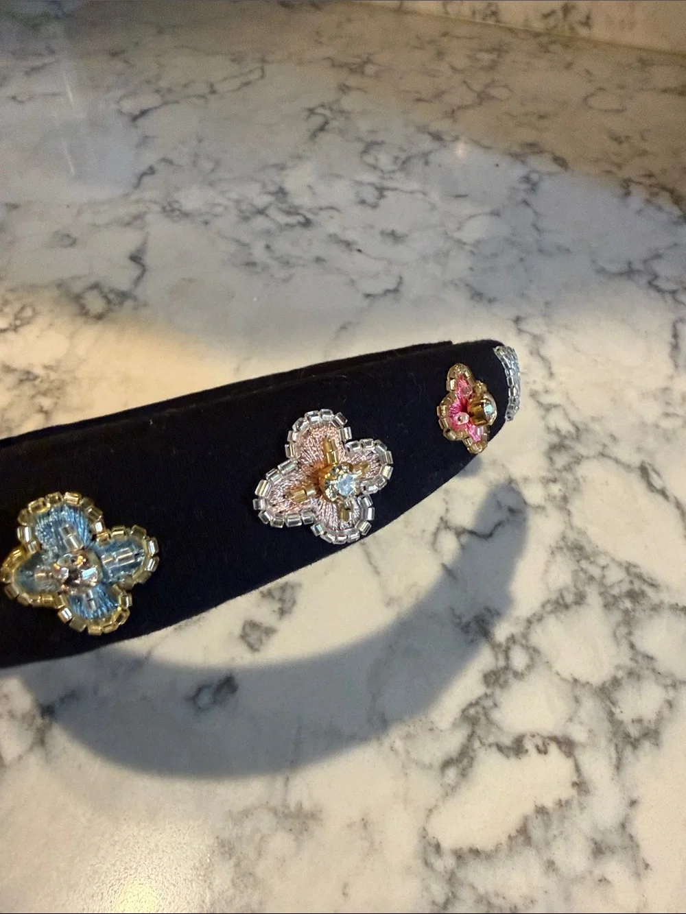 Mignonne Gavigan Black Velvet Headband with Multicolor Beaded Floral Accents